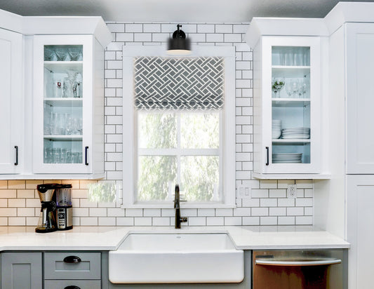 Faux Roman Shade Valance in Geometric Grey or Navy and White, Fully Lined, Custom Made, More Colors Available