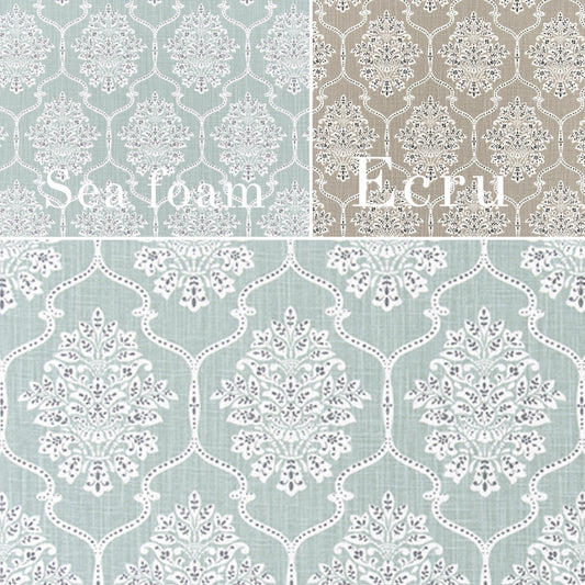 Custom Made Valance in Seafoam or Ecru Beige and White and White in Lattice Damask Design, Fully Lined Custom Made