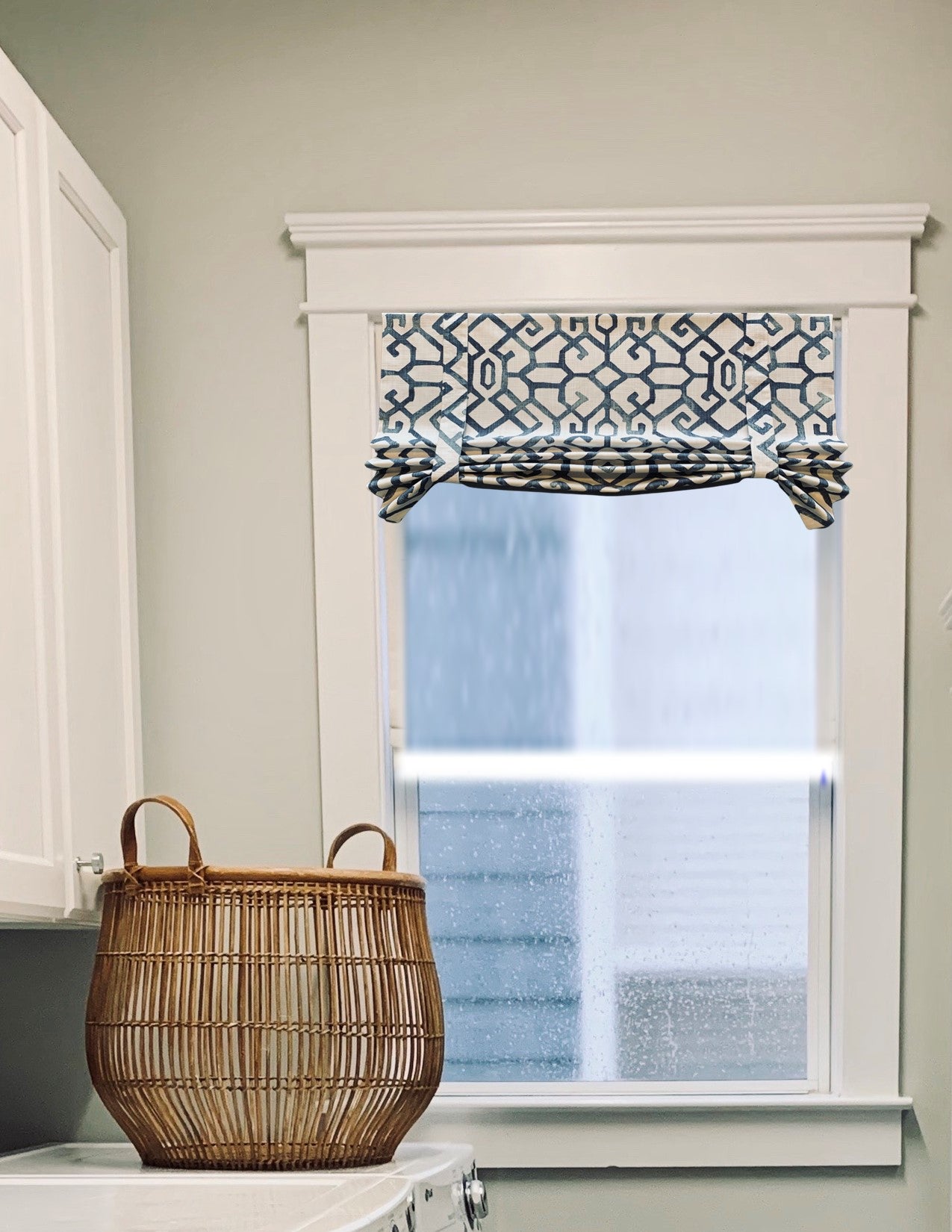 Custom Made, Fully Lined Tie Up Valance in Deep Blue and White Prints, 100% Cotton, Relaxed Faux Roman Shade Valance