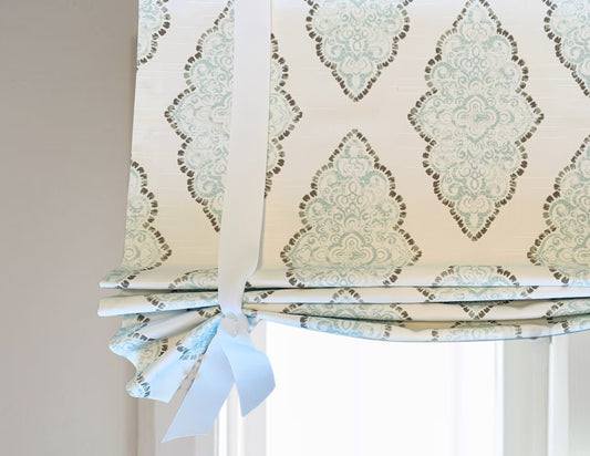 Custom Made, Fully Lined Tie Up Valance in Blue, White, Brown Damask Print, Relaxed Faux Roman Shade Valance, Monroe Snowy Cotton Slub