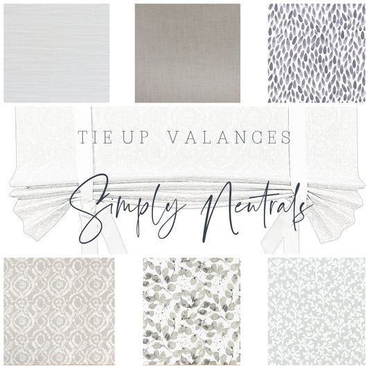 Custom Made, Fully Lined Tie Up Valance in Neutral Choice of Prints and Solid Colors, White, Natural, Grey, Beige, Tan, 100% Cotton, Cotton/Linen Fabric