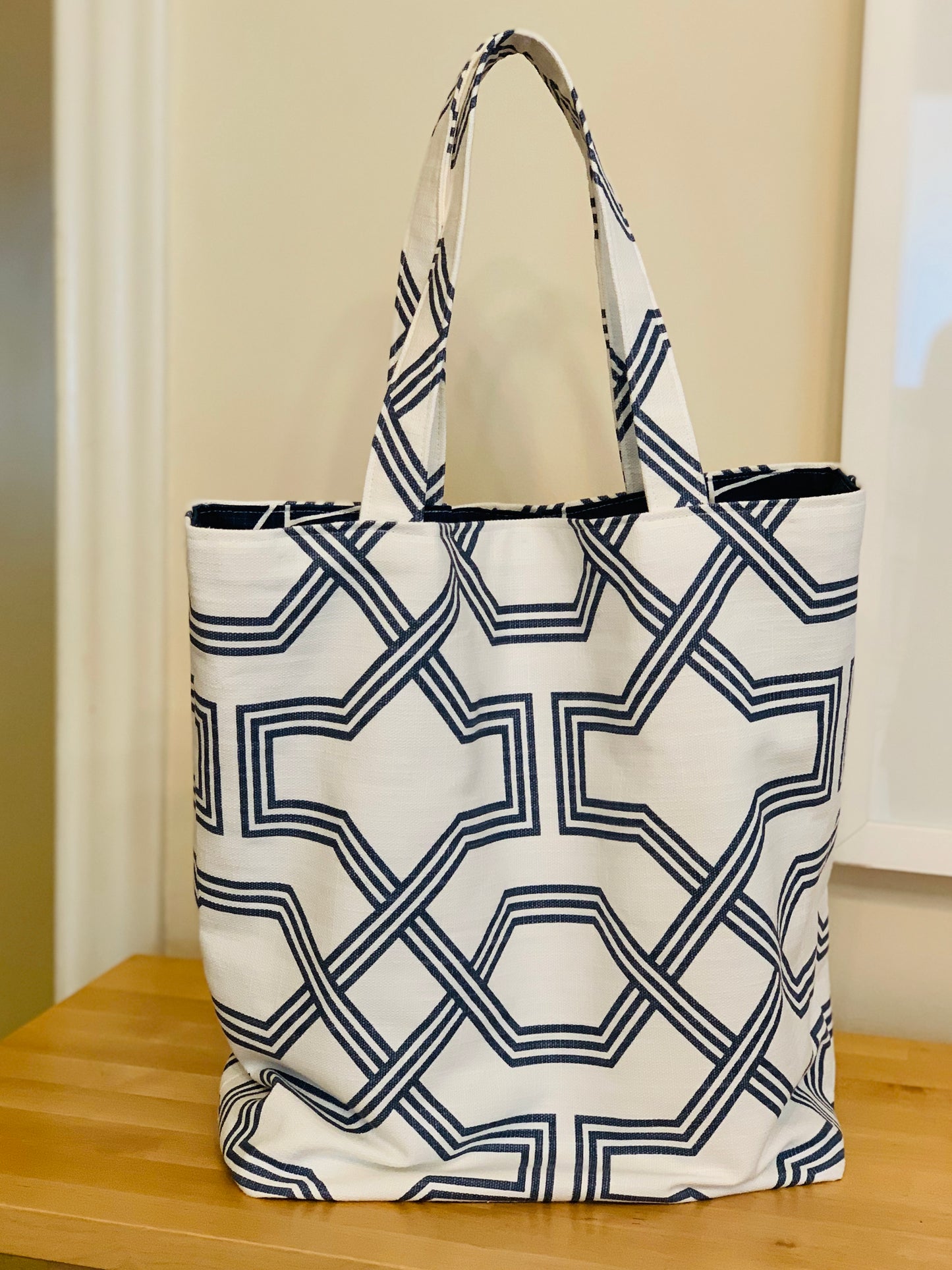 Tote Bag Hand Crafted of Premium Cotton Canvas Linen, Contrasting Lining and Interior Triple Pockets, Navy Blue Geometric Patterns