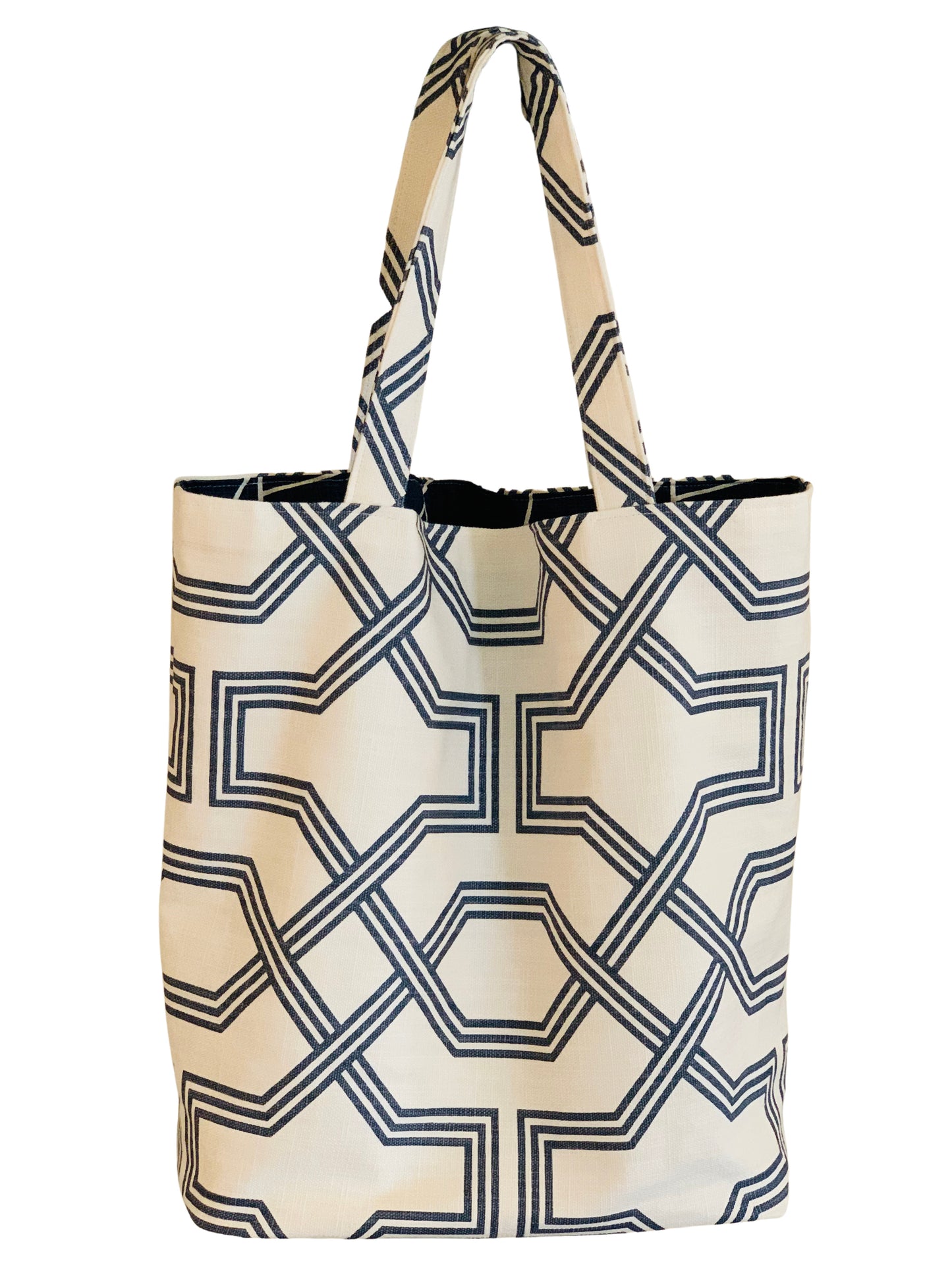Tote Bag Hand Crafted of Premium Cotton Canvas Linen, Contrasting Lining and Interior Triple Pockets, Navy Blue Geometric Patterns