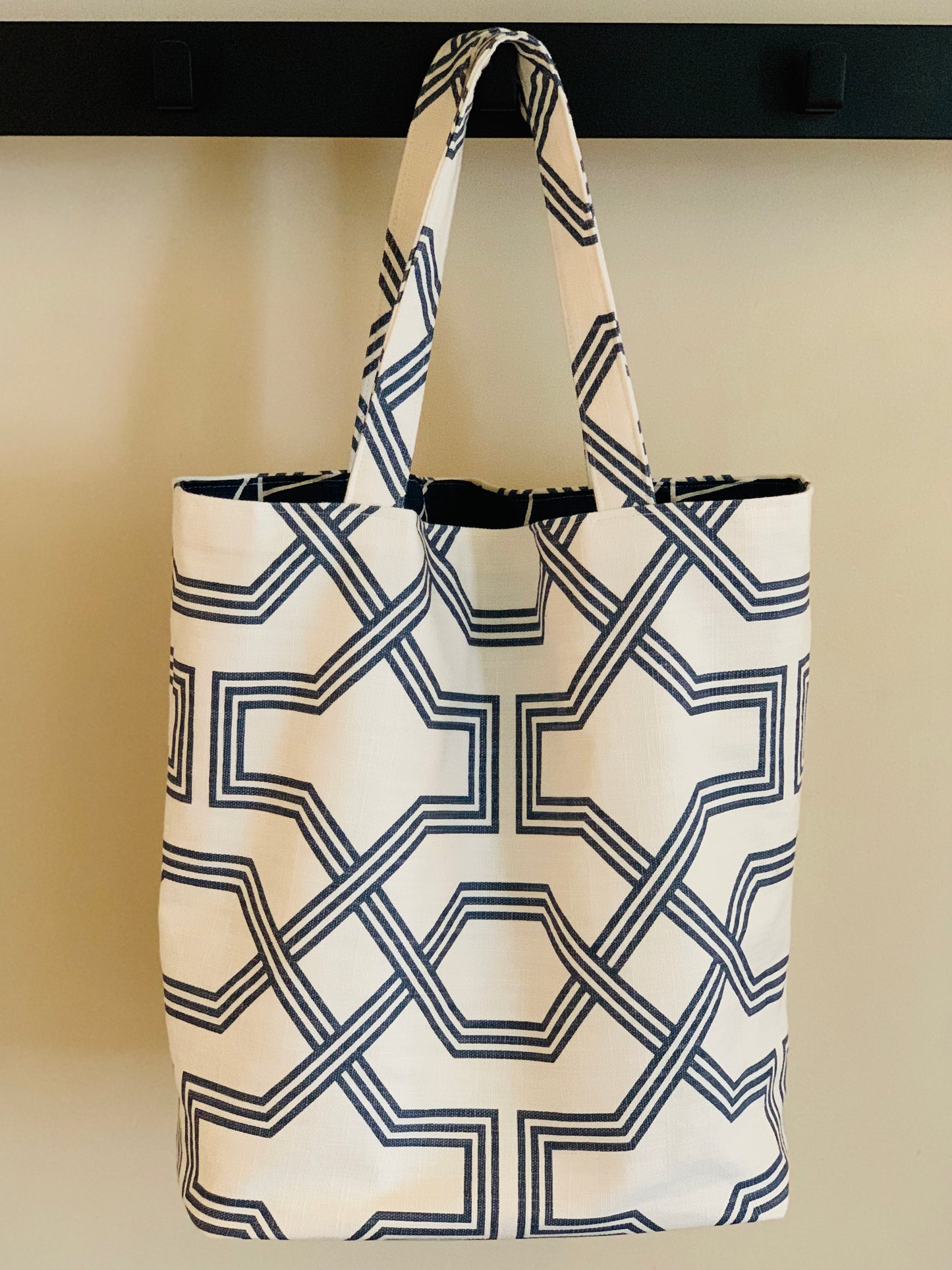 Tote Bag Hand Crafted of Premium Cotton Canvas Linen, Contrasting Lining and Interior Triple Pockets, Navy Blue Geometric Patterns