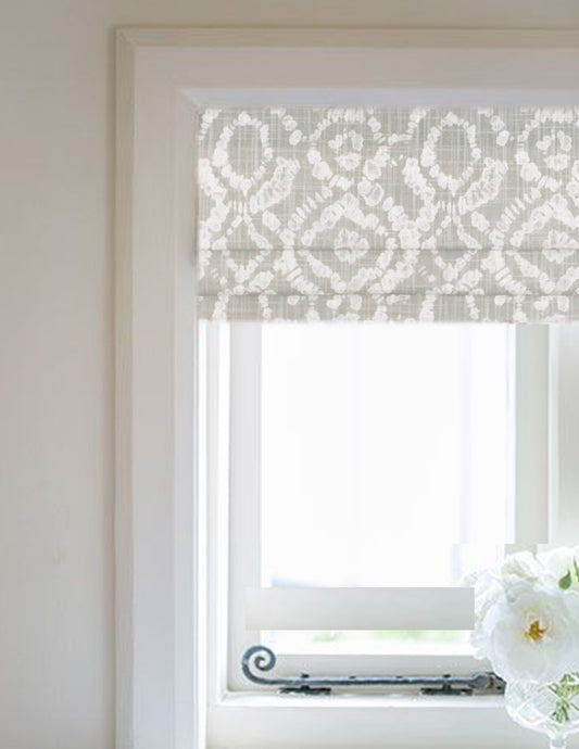 Faux Roman Shade Valance in Braylon French GreyTrellis Print, Custom Made in 100% Cotton Slub Canvas, Fully Lined