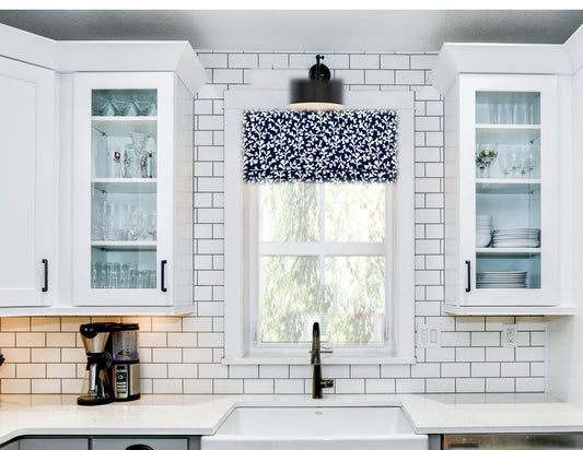 Custom Made Faux Roman Shade Valance in Sea Reef Blue, Navy or Gray and White Cotton Slub, Fully Lined, Coastal Reef Print