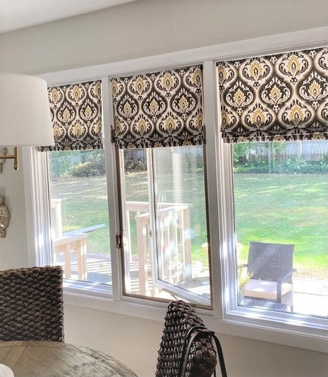 Faux Roman Shade Valance in Dark Taupe and Gold Damask Print, Fully Lined, Custom Made