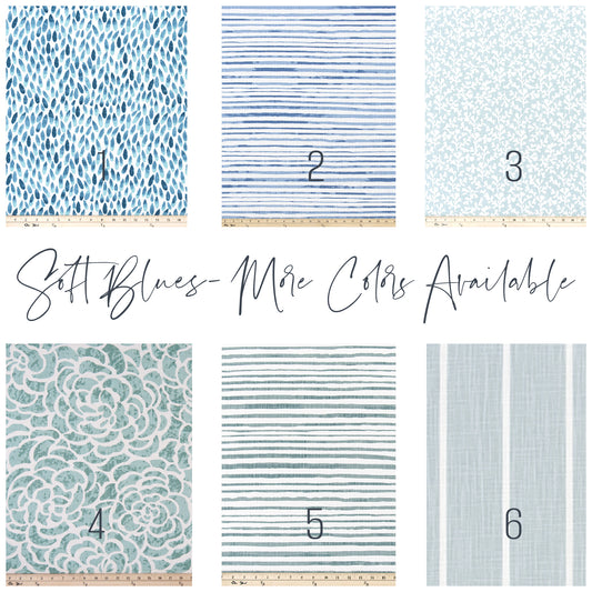 Custom Made, Fully Lined Tie Up Valance in Soft Blue and White Prints, 100% Cotton, Relaxed Faux Roman Shade Valance