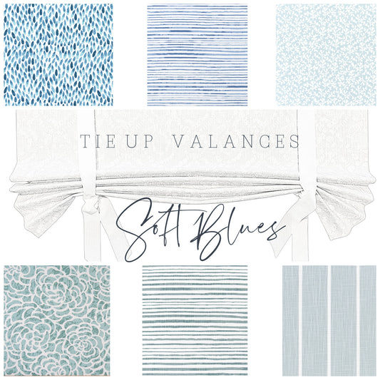 Custom Made, Fully Lined Tie Up Valance in Soft Blue and White Prints, 100% Cotton, Relaxed Faux Roman Shade Valance