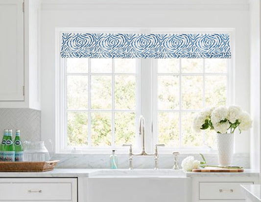 Faux Roman Shade Valance in Zephyr Indigo Blue 100% Cotton Luxe Canvas, Fully Lined, Custom Made