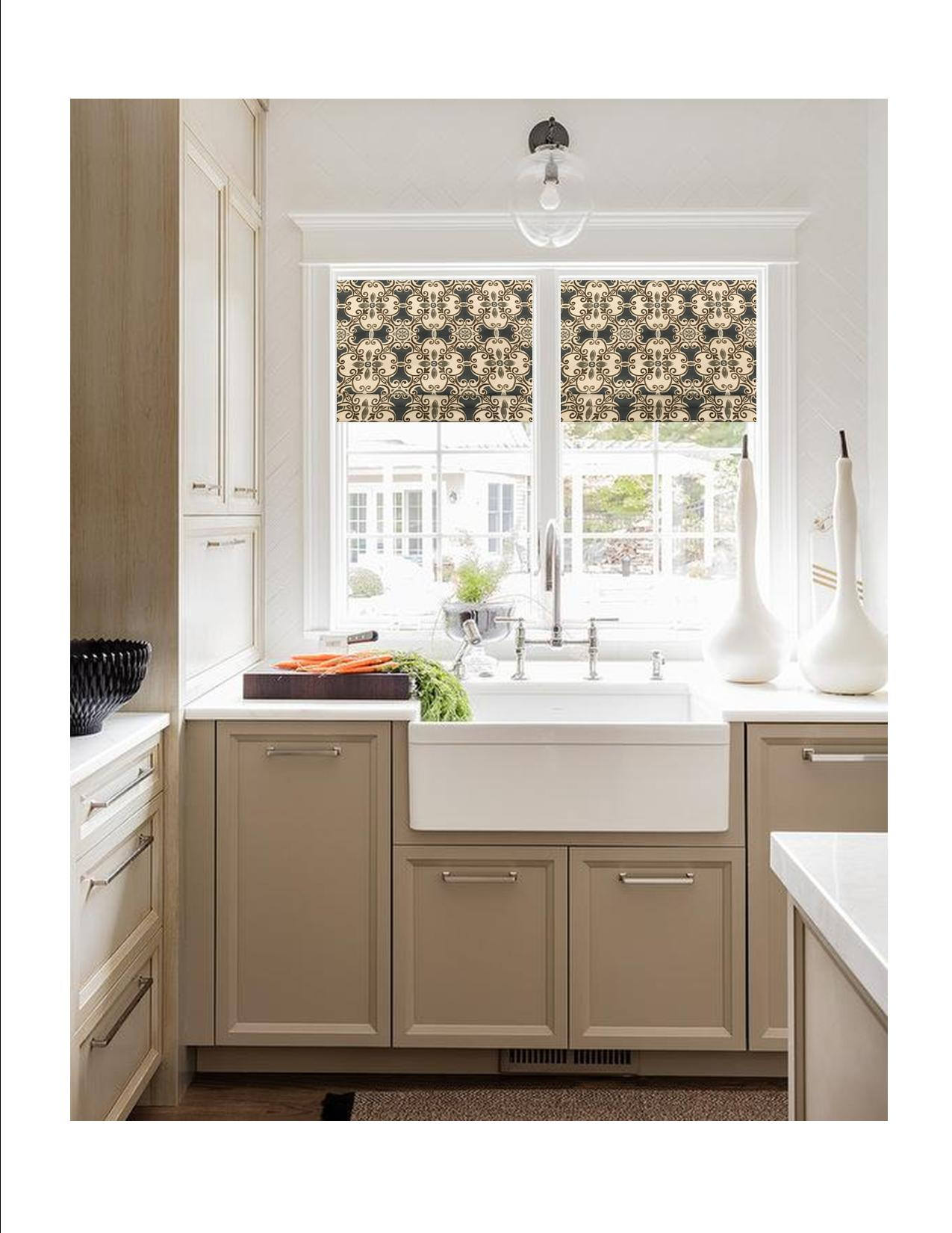 Faux Roman Shade Valance in Blue Spanish Tile Design with Grey and Brown Cotton Linen, Fully Lined, Custom Made, Farmhouse Kitchen Valance