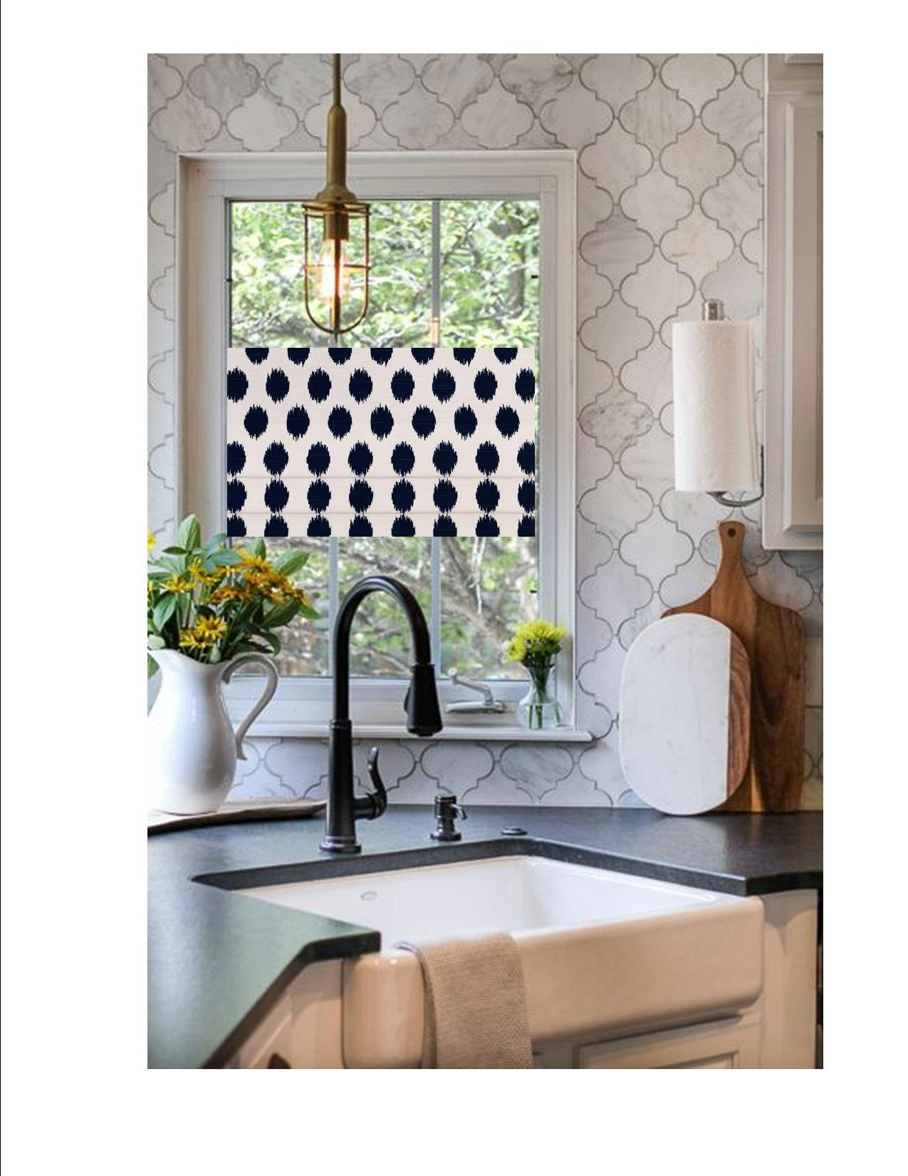 Faux Roman Shade Valance in Navy White Ikat Dots, Custom Made Fully Lined Modern Valance, Quick Ship Ready to Hang Kitchen Window Treatments