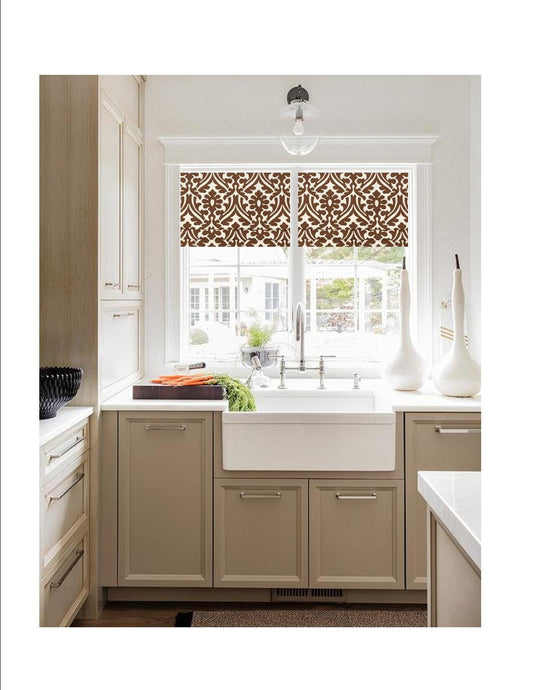Faux Roman Shade Valance in Caramel Brown or Ecru and Natural Print, Fully Lined, Custom Made Kitchen Valance, Farmhouse Kitchen Curtains