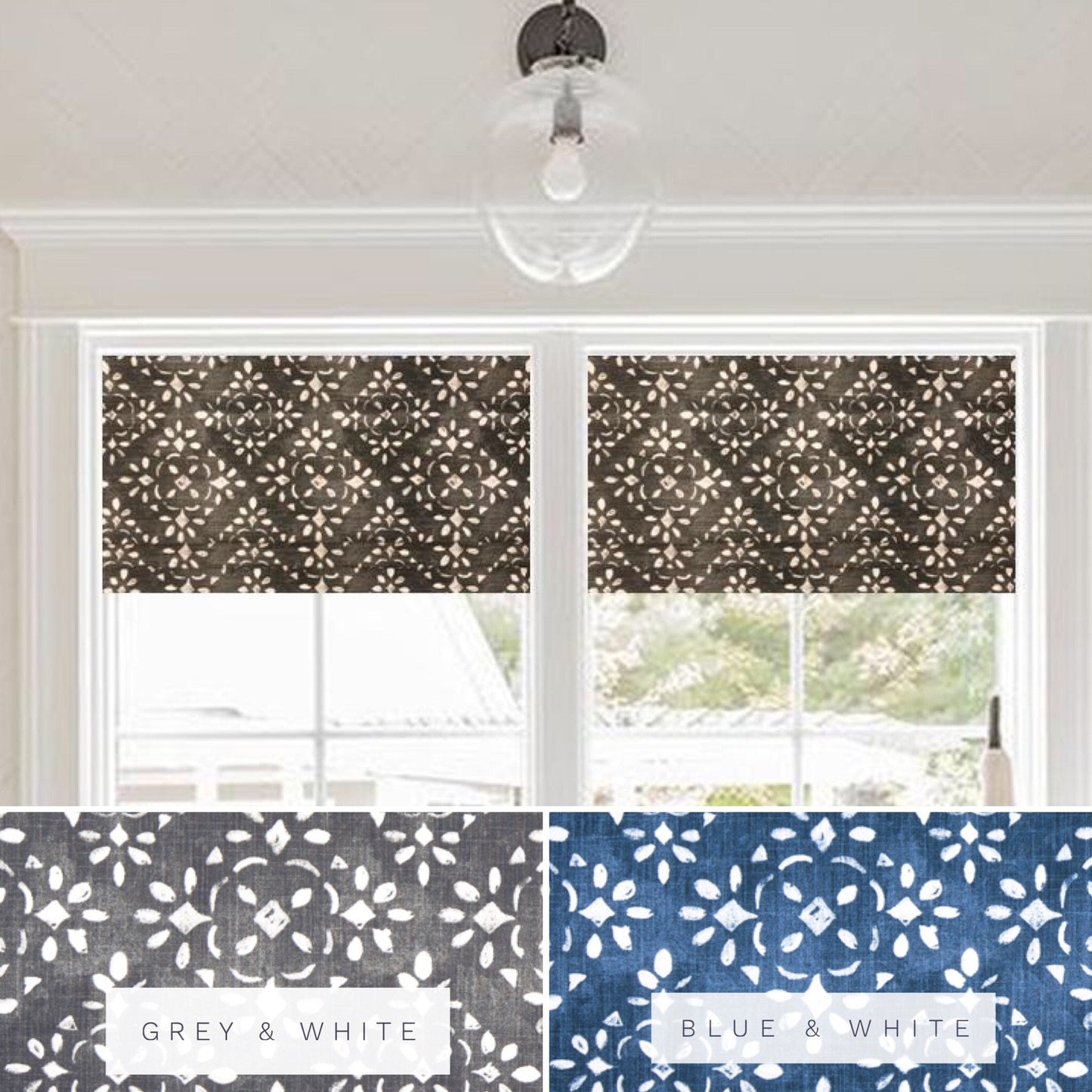 Faux Roman Shade Valance in Charcoal Grey or Blue and White Stencil Print, Fully Lined, Custom Made Farmhouse Kitchen Valance, Ready to Hang
