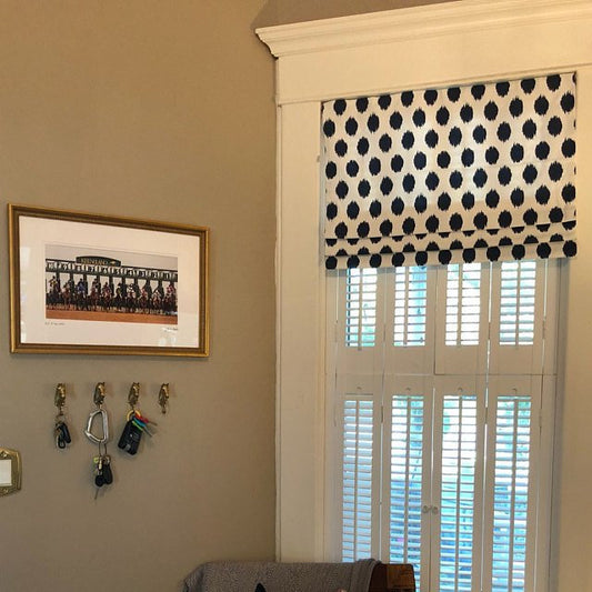Faux Roman Shade Valance in Navy White Ikat Dots, Custom Made Fully Lined Modern Valance, Quick Ship Ready to Hang Kitchen Window Treatments