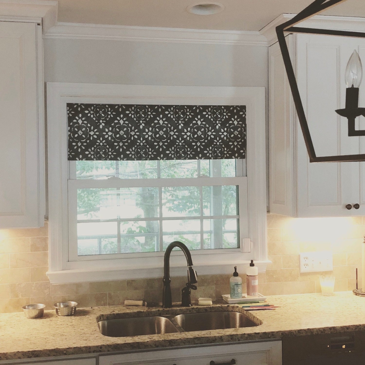 Straight Valance in Charcoal Grey and White or Blue and White Stencil Print, Fully Lined, Custom Made Modern Farmhouse Kitchen Valance