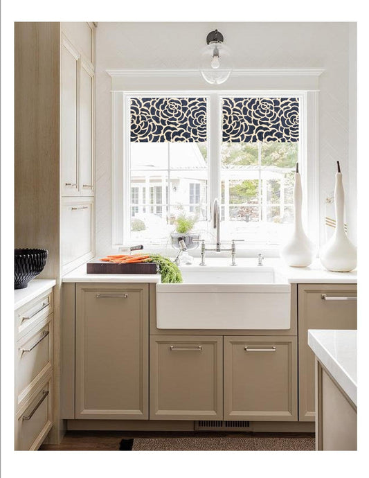 Straight Custom Valance in Navy Blue and White or Caribbean Blue Floral Print, Premium Cotton Linen Fabric, Fully Lined Kitchen Valance