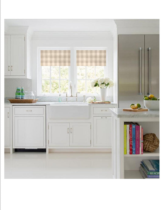 Faux Roman Shade Valance in Grey or Navy and White Buffalo Plaid Fabric, Fully Lined, Custom Made, Farmhouse Kitchen Valance