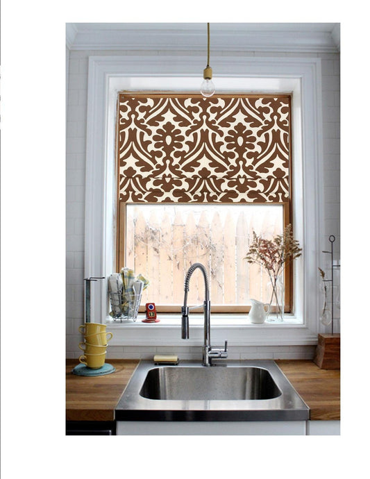 Faux Roman Shade Valance in Caramel Brown or Ecru and Natural Print, Fully Lined, Custom Made Kitchen Valance, Farmhouse Kitchen Curtains