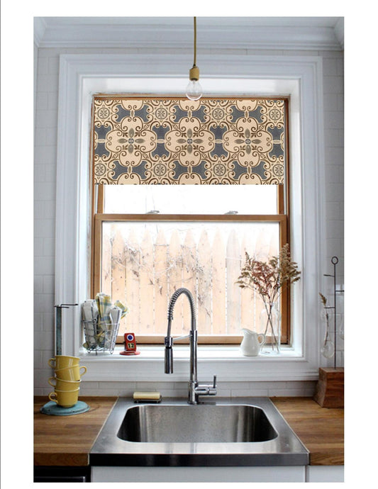 Straight Valance in Blue Spanish Tile Design in Grey and Brown Cotton Linen Fabric , Custom Made, Fully Lined Farmhouse Kitchen Valance
