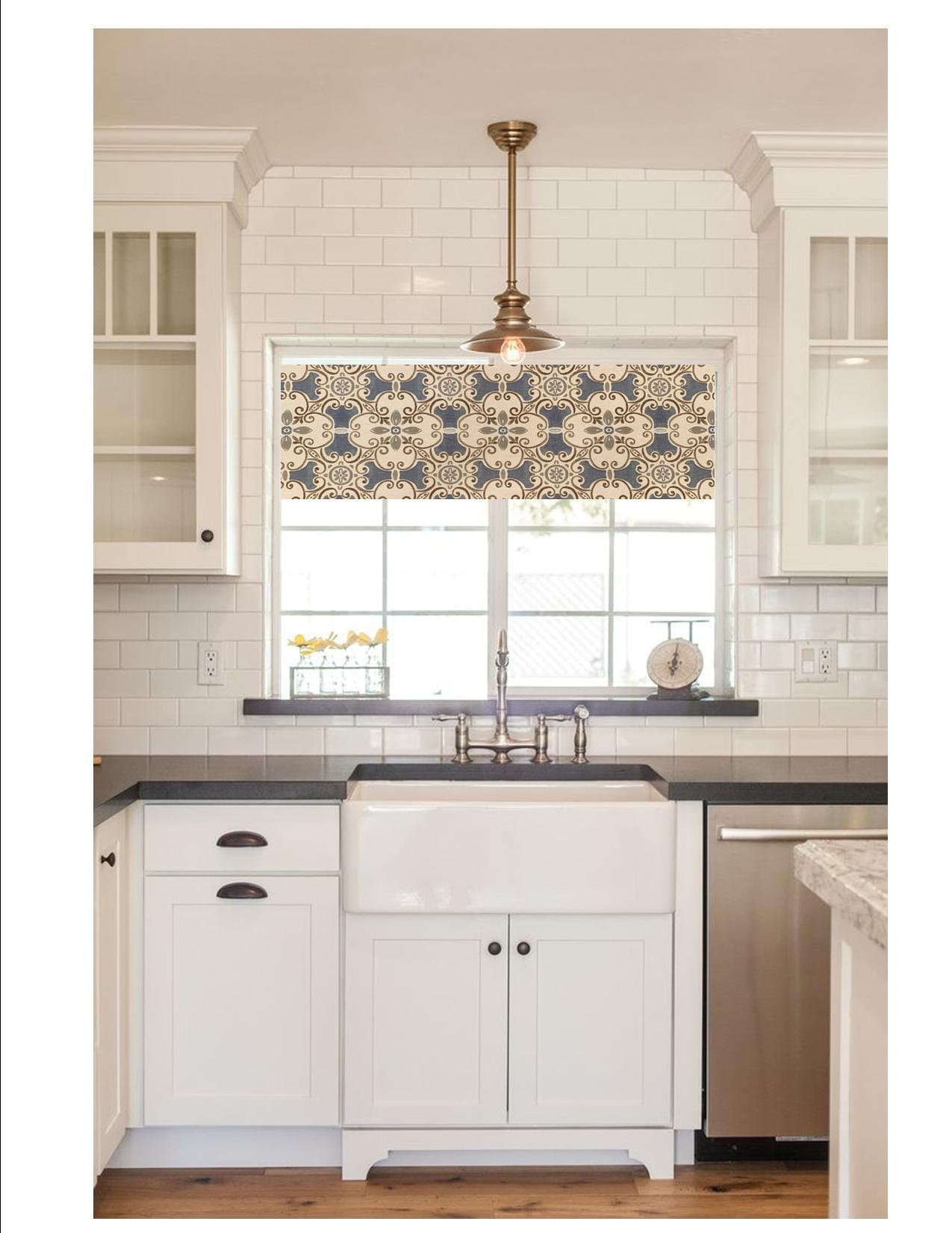 Straight Valance in Blue Spanish Tile Design in Grey and Brown Cotton Linen Fabric , Custom Made, Fully Lined Farmhouse Kitchen Valance