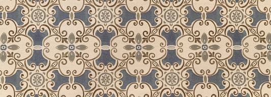 Straight Valance in Blue Spanish Tile Design in Grey and Brown Cotton Linen Fabric , Custom Made, Fully Lined Farmhouse Kitchen Valance