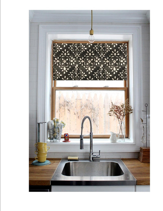 Straight Valance in Charcoal Grey and White or Blue and White Stencil Print, Fully Lined, Custom Made Modern Farmhouse Kitchen Valance