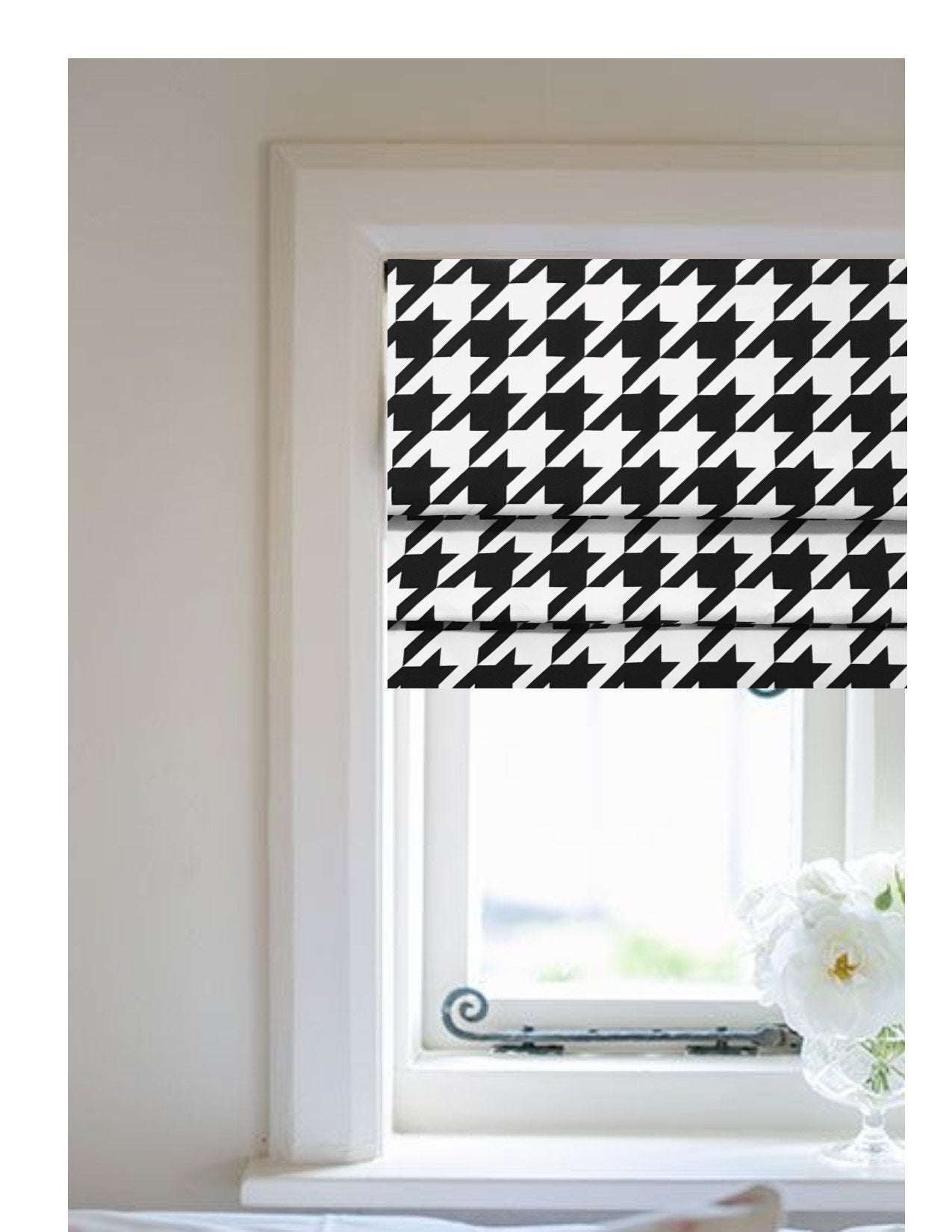 Faux Roman Shade Valance in Modern Black & White Jumbo Houndstooth Print, Premium Cotton Linen, Fully Lined, Custom Made  Valance