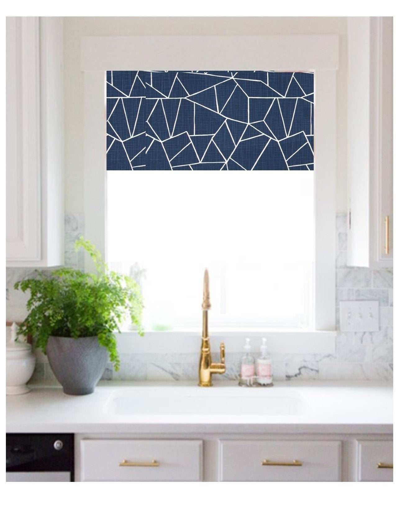 Straight Custom Valance in Modern Cut Glass Print, Navy, Black, Grey and White on Cotton Slub Canvas, Fully Lined Kitchen Window Treatments