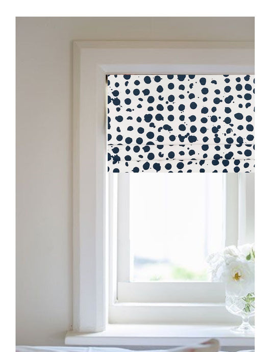 Faux Roman Shade Valance in Pebbles Navy Blue & White Print, Fully Lined Custom Made Modern Kitchen Valance Polka Dot