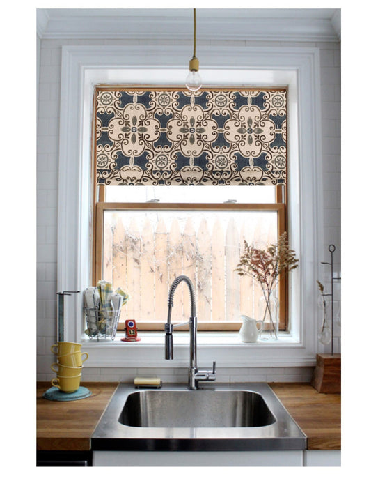 Faux Roman Shade Valance in Blue Spanish Tile Design with Grey and Brown Cotton Linen, Fully Lined, Custom Made, Farmhouse Kitchen Valance