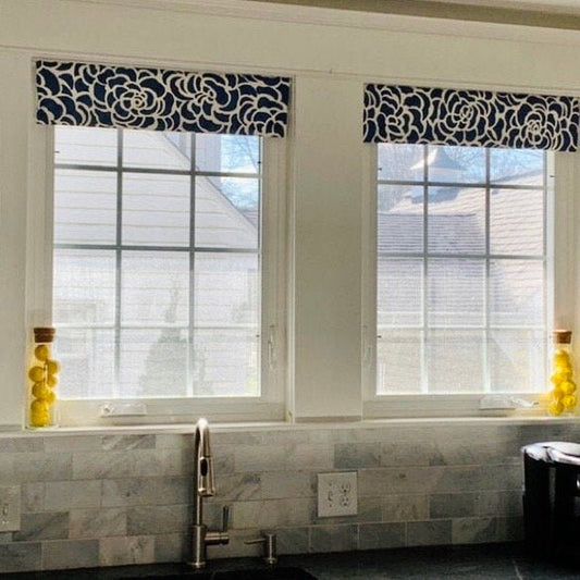 Straight Custom Valance in Navy Blue and White or Caribbean Blue Floral Print, Premium Cotton Linen Fabric, Fully Lined Kitchen Valance