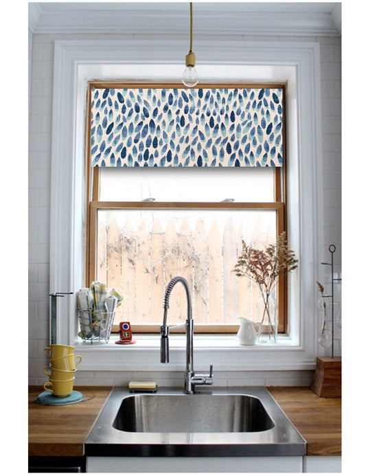 Straight Valance in Lotus Italian Denim Blue, Aqua, White, Custom Made, Fully Lined, 100% Cotton Fabric, Kitchen Window Curtains