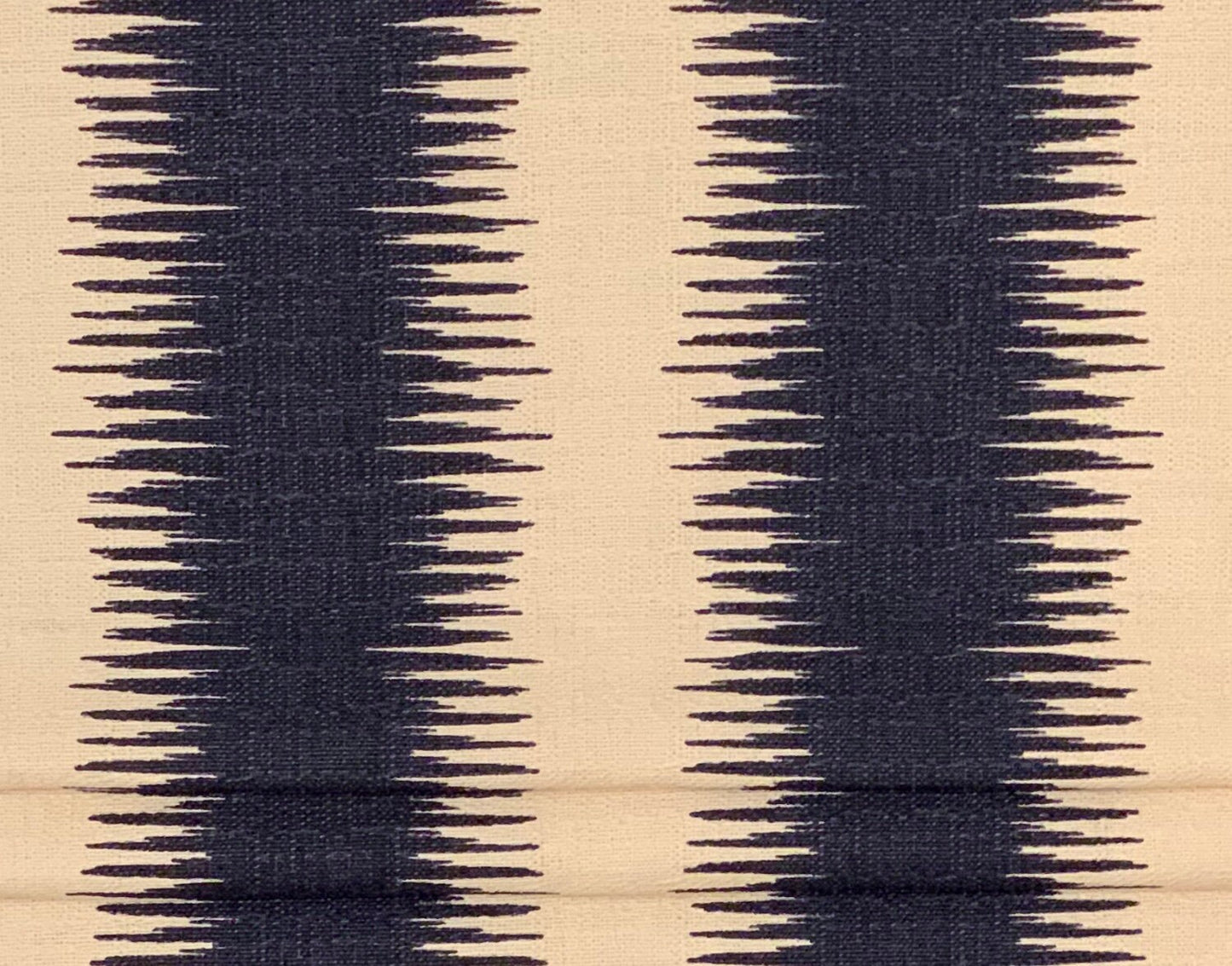 Faux Roman Shade Valance in Navy Blue Ikat Stripe on Birch/Ivory Textured Cotton (similar to bark cloth), Fully Lined, Custom Made Valance
