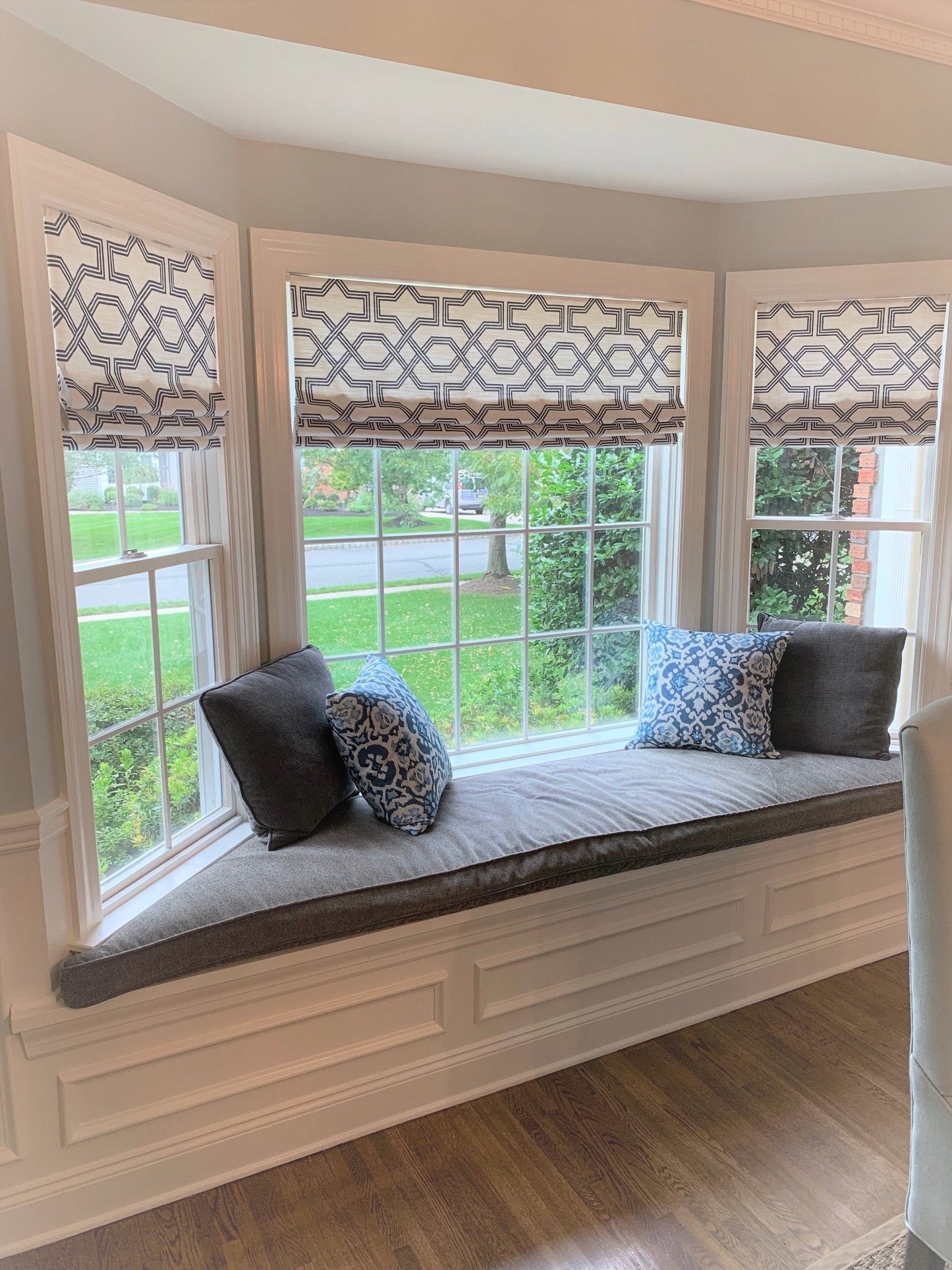 Faux Roman Shade Valance, Ander Blue, Graphite Grey or Pewter & White Print on Premium Cotton Linen, Custom Made Fully Lined Bay Window