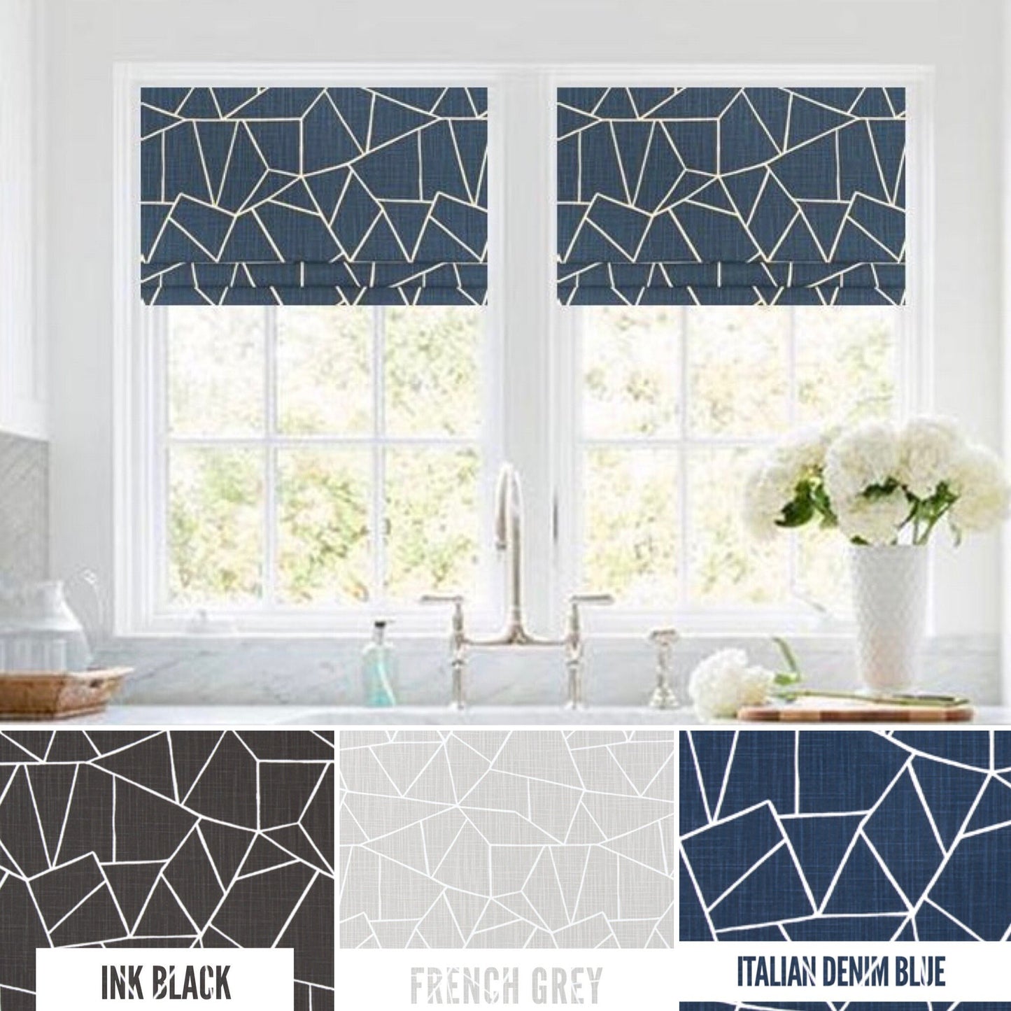 Faux Roman Shade Valance in Geometric Cut Glass Mosaic Pattern, Fully Lined Custom Made in Navy Blue, Black or Grey, Modern Kitchen Curtains