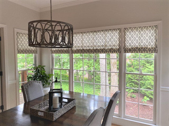 Faux Roman Shade Valance in Dove Grey, Cream, Gold Ikat Pattern on 100% Cotton, Fully Lined, Custom Made Window Treatment Curtains