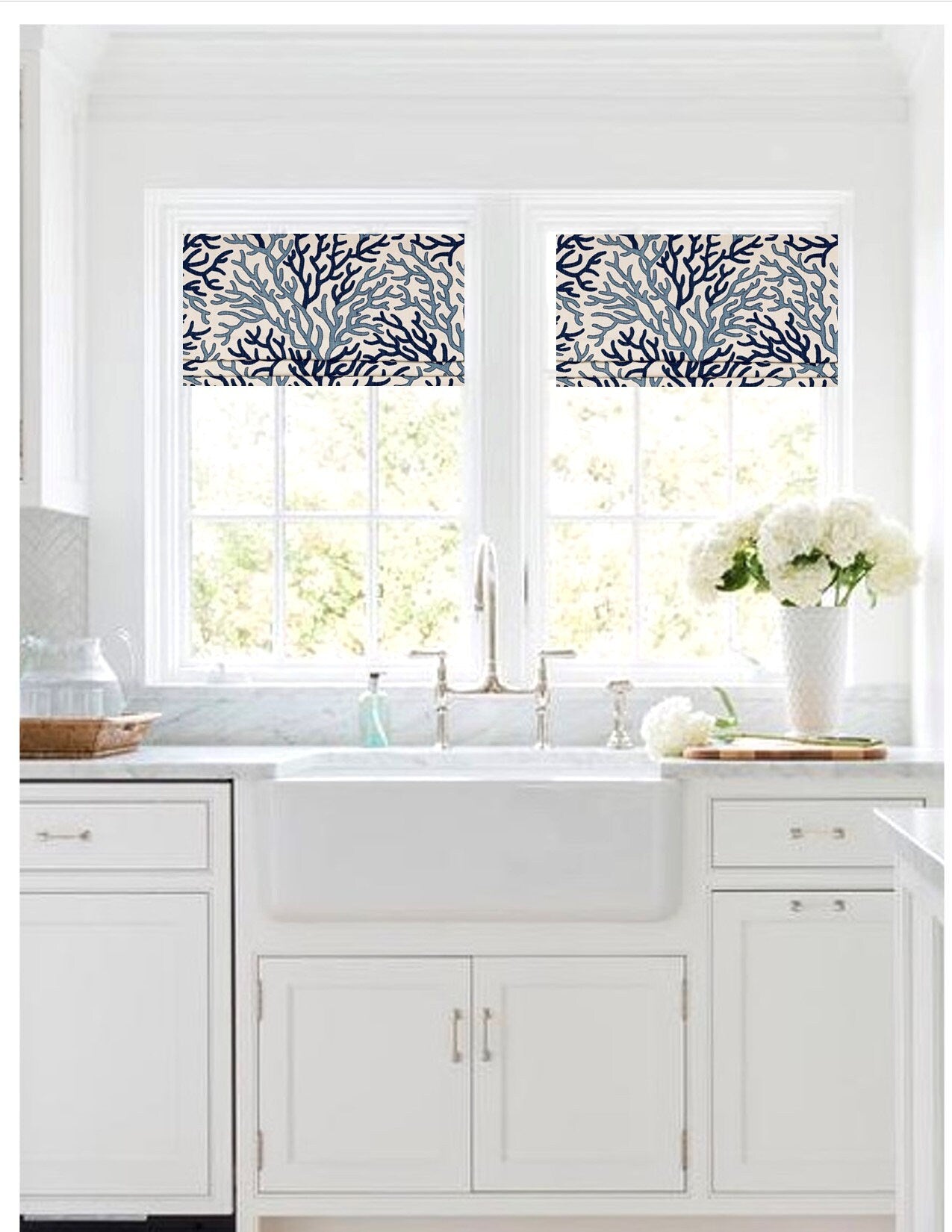Faux Roman Shade Valance in Blue Coral Reef Print, Custom Made on Luxe Linen Cotton Fabric, Fully Lined Custom Window Treatmets, Curtains