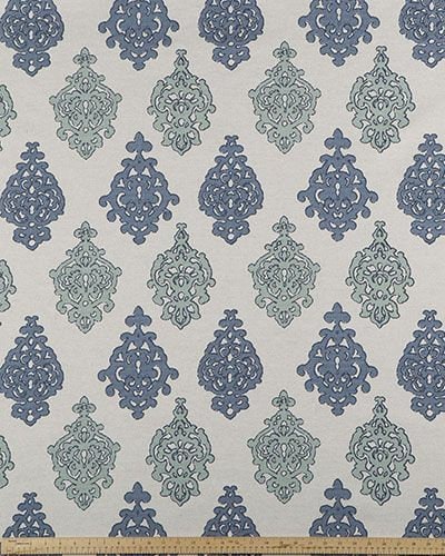 Faux Roman Shade Valance in Spa Blue and Ocean Blue Green Medalian Print with Natural Background on Cotton Linen, Fully Lined, Custom Made,