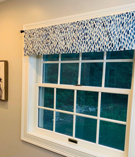 Straight Valance in Lotus Italian Denim Blue, Aqua, White, Custom Made, Fully Lined, 100% Cotton Fabric, Kitchen Window Curtains