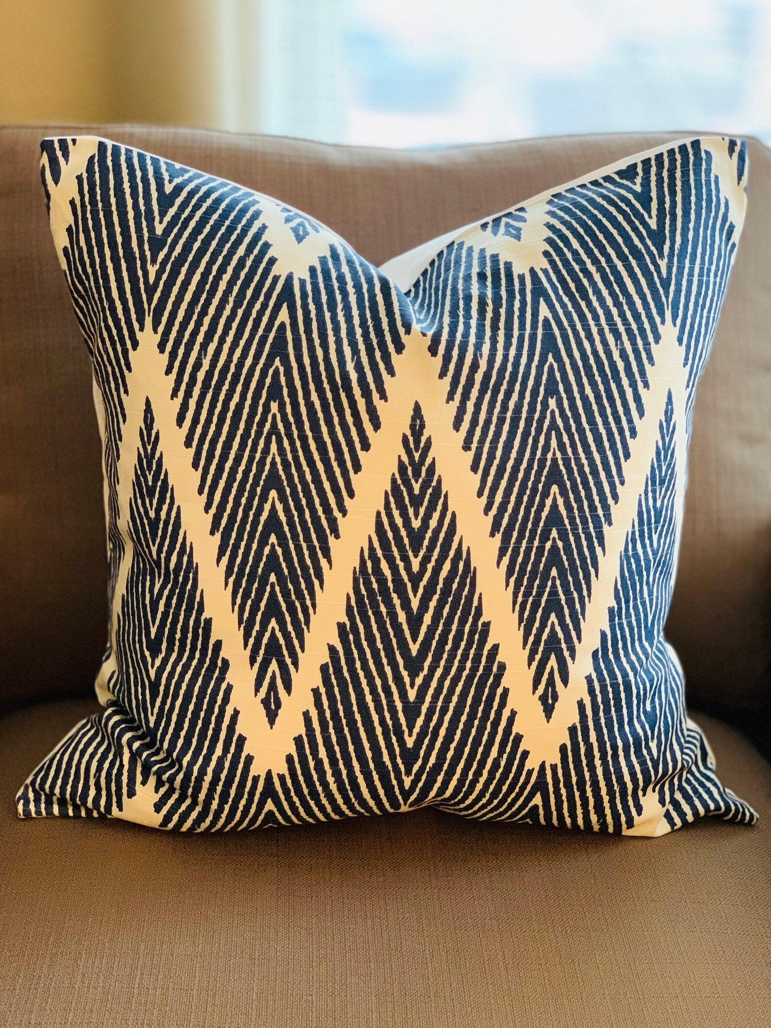 20" Decorative Pillow Cover in Vibrant Navy and Off White Ikat Chevron Print on Premium Lacefield Designs 100% Cotton Fabric, Custom Made