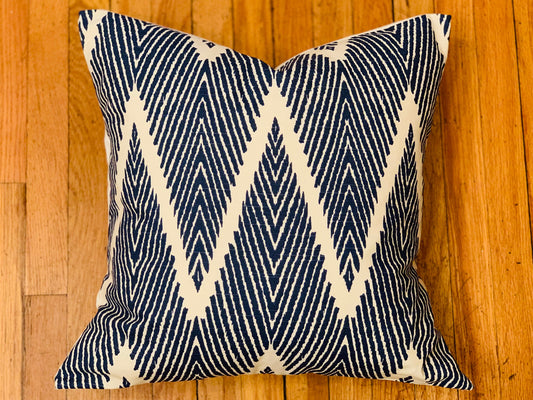 20" Decorative Pillow Cover in Vibrant Navy and Off White Ikat Chevron Print on Premium Lacefield Designs 100% Cotton Fabric, Custom Made