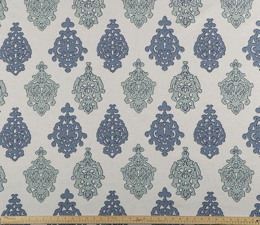 Faux Roman Shade Valance in Spa Blue and Ocean Blue Green Medalian Print with Natural Background on Cotton Linen, Fully Lined, Custom Made,