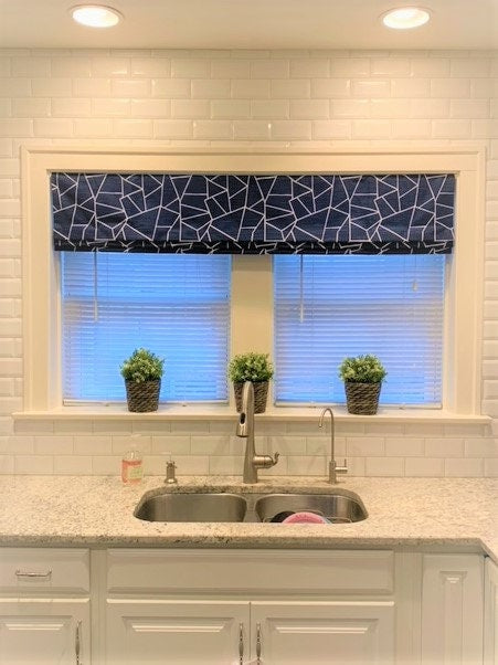 Faux Roman Shade Valance in Geometric Cut Glass Mosaic Pattern, Fully Lined Custom Made in Navy Blue, Black or Grey, Modern Kitchen Curtains