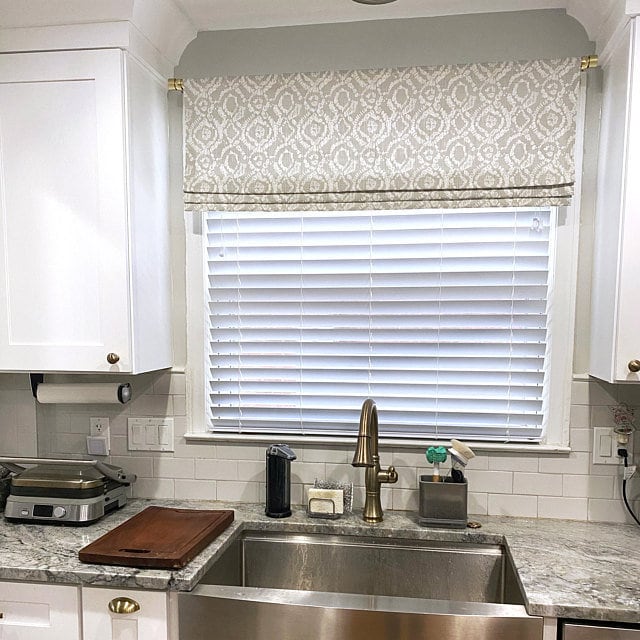 Faux Roman Shade Valance in Braylon French GreyTrellis Print, Custom Made in 100% Cotton Slub Canvas, Fully Lined, Kitchen Valance Curtains