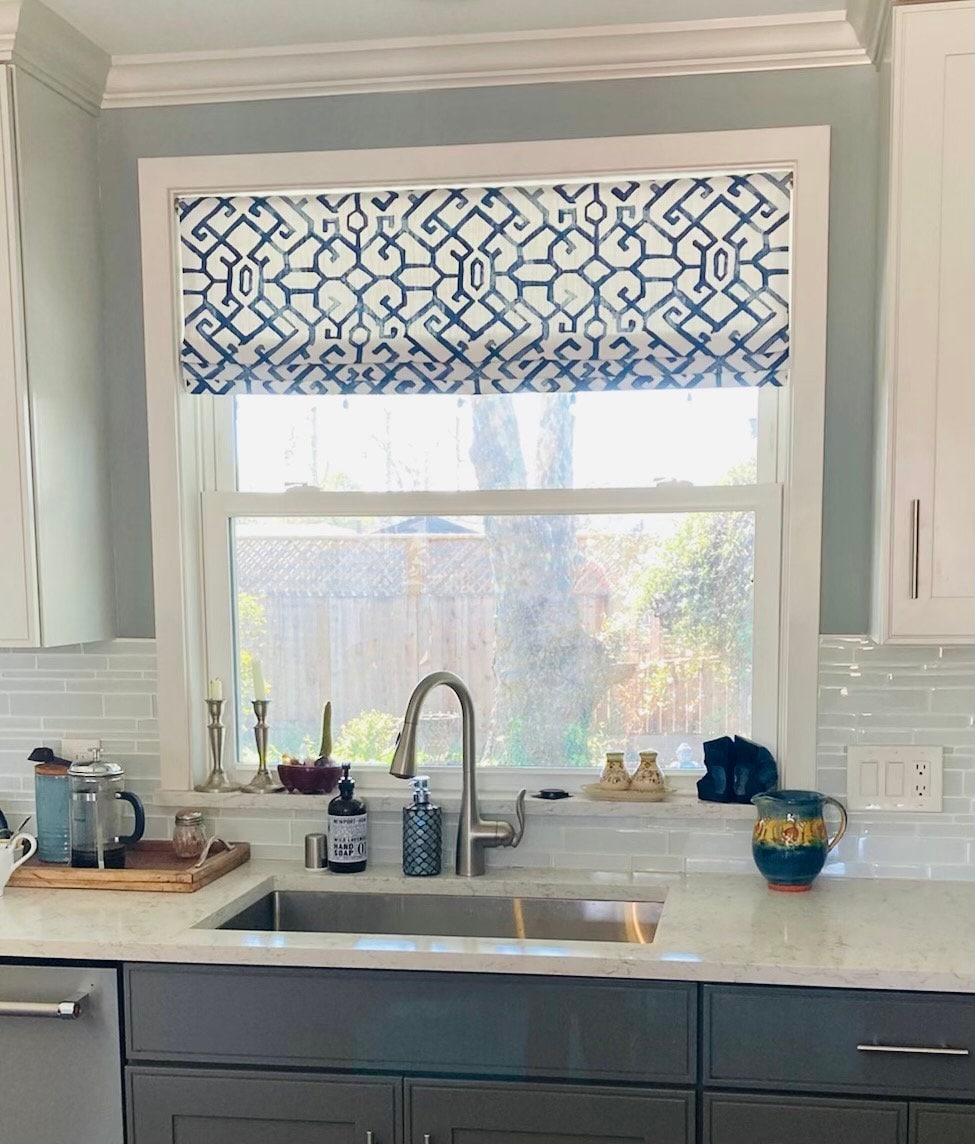 Faux Roman Shade Valance in Modern Blue and White Trellis Print, Fully Lined