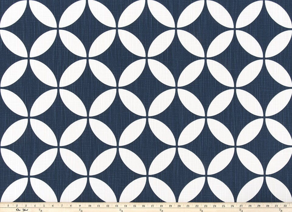 Faux Roman Shade Valance in Geometric Circles of Ecru Beige, Blue or Gray and White Print, Custom Made, 100% Cotton Slub Fabric, Fully Lined