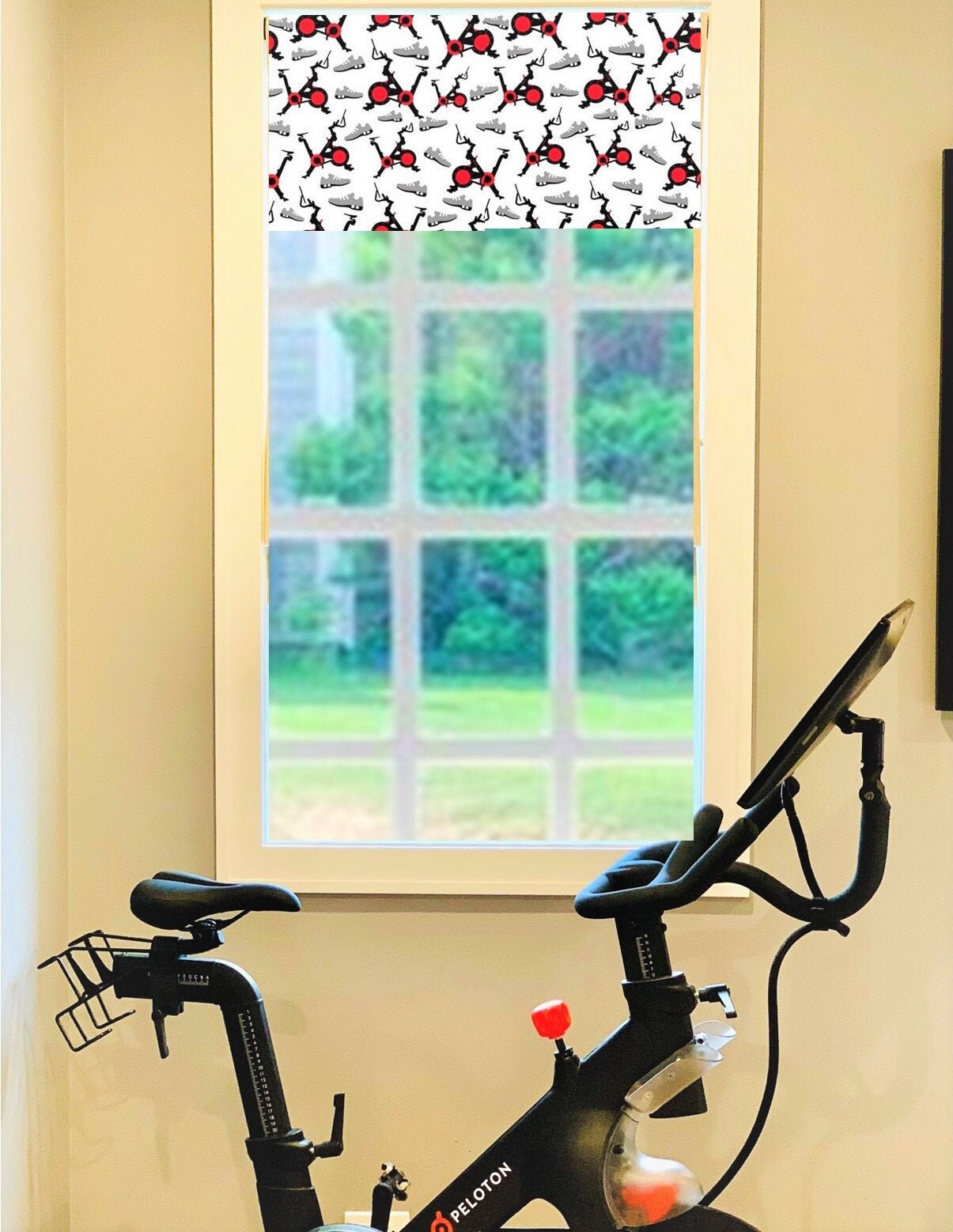Straight Modern Valance in Pelo Bike and Shoes Pattern, Custom Made in Premium Cotton Linen Fabric, Fully Lined Grey Spin Shoes or Red Shoes