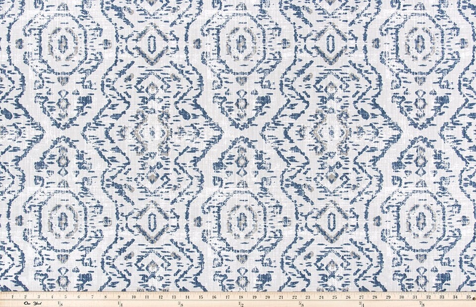 Faux Roman Shade Valance in Space Blue and Gray Taupe Print on Premium Cotton Linen,  Fully Lined, Custom Made, Modern Native Jazmin Print