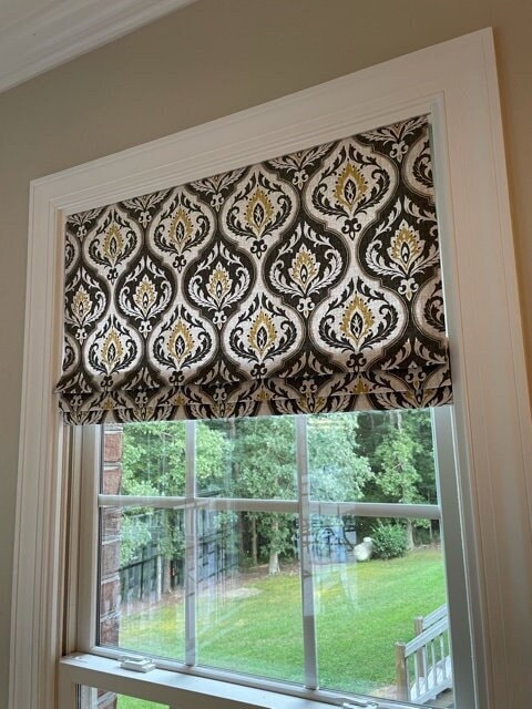 Faux Roman Shade Valance in Neutral Rubina Taupe Grey and Gold Damask Print, Fully Lined, Custom Made Window Treatment